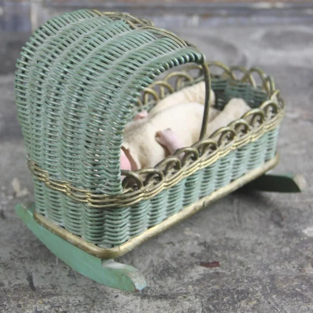 Antique One-Of-A-Kind Miniature China Doll in Wicker Cradle